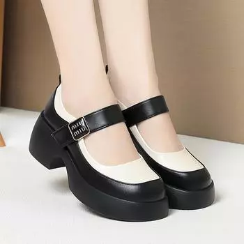 Women s Buckle Platform Pumps Round Toe High Heel Mary Jane Shoes 2024 New Elegant Anti-slip Black Soft Leather Single Shoes 35(Foot22.5cm)
