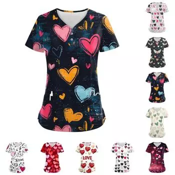 Women s Button V Neck Fashion Casual ChristmasValentine s Day Print Tops Dry-nurse Top,Scrubs Tops For Women,2 Pockets M винный