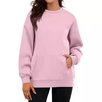 Women s Casual Fashion Long Sleeve Solid Color Round Neck Sweatshirt Top With Pockets XL розовый