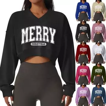 Women s Casual Fashionable Comfortable Padded V-Neck Christmas Printed Long Sleeve Sports Sweatshirt L тёмно-синий
