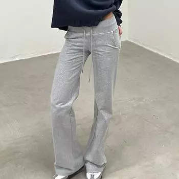 Women s Casual Solid-coloured Tie Belt Wide Waist Basic Slim Show Leg Length Daily Versatile Trousers S серый
