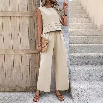 Women s Casual Suit Top Trousers Two Piece Sleeveless Short Top Fashion Casual Suit S