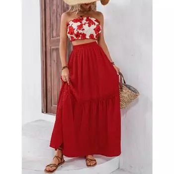 Women s Casual Vacation Style Spring and Summer Off-the-shoulder Printed Skirt Set S