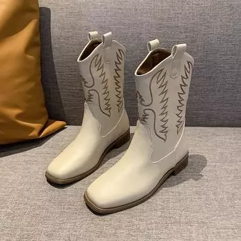 Women s Chunky Single Boots Fall New Fashion Round Head Embroidered Sleeve Comfortable Mid-calf Boots 35 бежевый