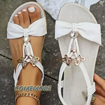 Women‘s Clip Toe Flat Gladiator Sandals Summer Bohemian Open Toe Sandals Woman Fashion Beaded Non Slip Beach Shoes Plus Size 43 36 белый