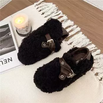 Women s cold fall and winter new thick bottom heightened padded warm home non-slip stirrups comfortable plush single shoes 35 чёрный