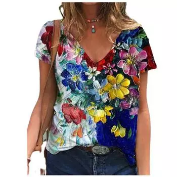 Women s Creative Pattern Short Sleeve Top T-shirt for Women V Neck Tee Shirts S