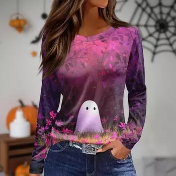Women s Daily Casual Long-sleeved Printed O-neck Top XXXL