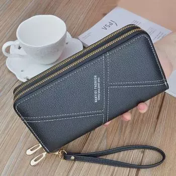 Women s Double Zipper Lychee Pattern Soft Leather Clutch Wallet зелёный