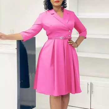 Women s Dress Solid Color Suit Collar High Waist Temperament Dress S розовый