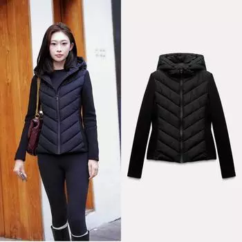 Women s Elegant Fashion Patchwork Long Sleeve Standing Collar Hooded Cotton Jacket Sport Coat XS чёрный