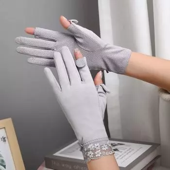 Women s Exposed Two-Finger Gloves Thin Type Sunscreen Driving and Biking Non Slip Pure Cotton Short Summer Women s Finger Leakage Spring & Fall Flip Lace-Grey-Cotton One size