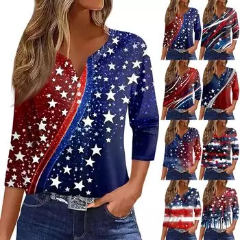 Women s Fashion Button V Neck Seven Sleeve Independence Day Printed Top S киноварь