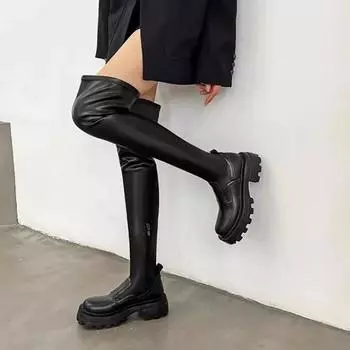 Women s Fashion Long Boots Sexy Knee Stretch Square Toe Back Zipper Slim Boots Thick Bottom Height Increasing Comfortable Shoes 35
