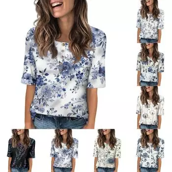 Women s Fashion Printed Round Neck Button Half Sleeve Casual Top L чёрный