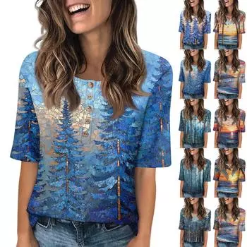 Women s Fashion Printed Round Neck Button Half Sleeve Casual Top L фиолетовый