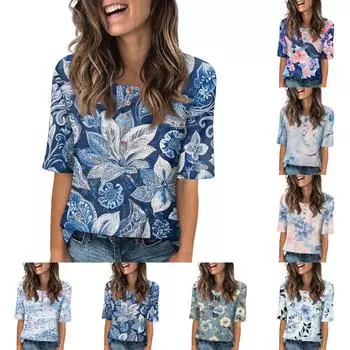 Women s Fashion Printed Round Neck Button Half Sleeve Casual Top XL