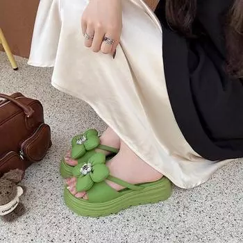 Women s Fashion Slippers Flower Platform Sole Rhinestones Shoes Women Dress Outdoor Summer Korean Style 2025 Zapatillas De Mujer 35 покинуть белый