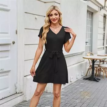 Women s Fashion Solid Color V-Neck Belted Button Cardigan Short Sleeve Dress L чёрный