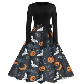 Women s Fashion Vintage Long Sleeve Round Neck Halloween Printed Party Gown Dress M