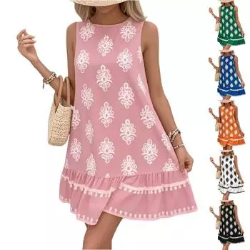 Women s Fashionable Retro Printed Suspender High Waisted Casual Dress L розовый