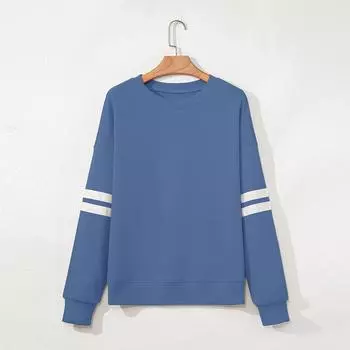 Women s Fashionable Round Neck Long Sleeved Sports Casual Color Blocked Pullover Sweater Sweatshirt Top L синий