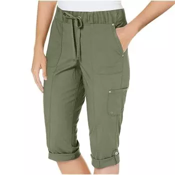 Women s Fashionable Workwear Pants With Solid Color Pockets, Drawstring, Elastic Waist, Casual Cropped Pants L армия зеленый