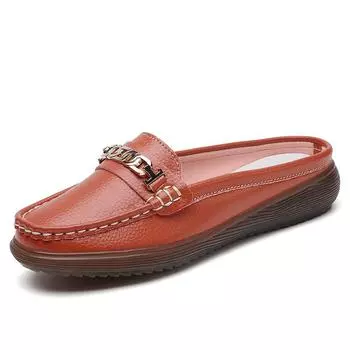 Women s flat shoes spring new metal buckle soft sole light half slippers women s casual office comfortable leather shoes 35