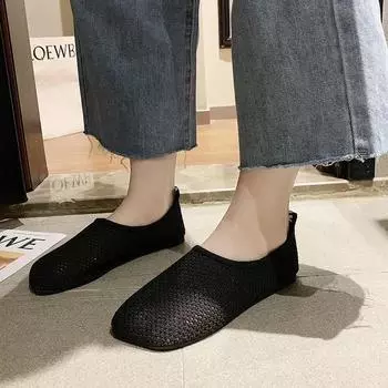 Women s Flat Shoes Square Toe Mesh Upper One Kick Shoes Women Leisure Daily Breathable Roman Anti-Slip Sole Zapatillas De Mujer 35 покинуть белый