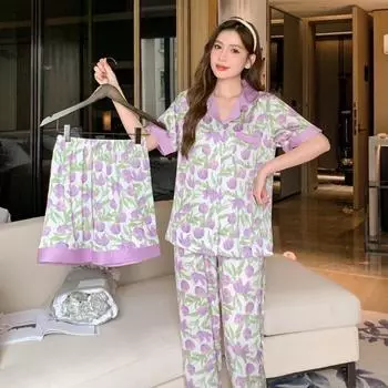 Women s Floral Pajamas Three-piece Set Women s Summer Women s Pajamas Set Home Wear Short-sleeved Tops Shorts Korean Style XXL