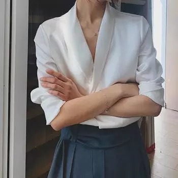 Women s French Collar Long Sleeve Solid Color Shirt - Korean Style Medium чёрный