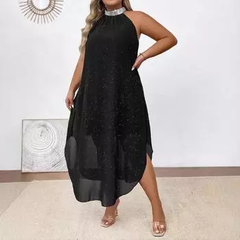 Women s Halter Sequin Chiffon Dress Sleeveless Slim Round Neck Hip Wrap Dress 1XL чёрный