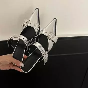 Women s High Heel Half Slippers 2024 New Fashion Belt Buckle Retro Thin Heel Pointed Cool Slippers Women s Bag Head Muller Shoes 35 бежевый