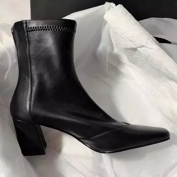 Women s High Heel Short Boots 2025 Autumn/Winter New Style Women s Square Heel Style Zipper Pointed Elastic Thin Tube Boots 35 чёрный