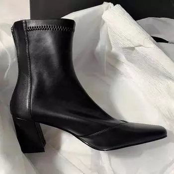 Women s High Heel Short Boots 2025 Autumn/Winter New Style Women s Square Heel Style Zipper Pointed Elastic Thin Tube Boots 35 чёрный