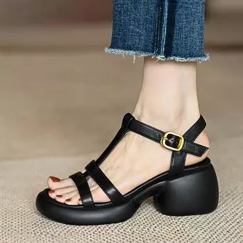 Women s High Heeled Sandals Luxury Artificial Leather Platform Barefoot Shoes For Women Summer 2024 Comfortable Outdoor Sandals 35 чёрный