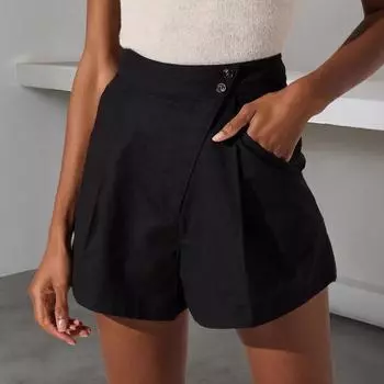 Women s High-waisted Thin Casual Breathable Insert Pockets Wide-legged Five-minute Shorts S чёрный