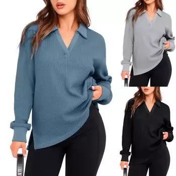 Women s Knit Sweatshirt Casual V Neck Long Sleeve Pullover Tops Fall Outfits M чёрный