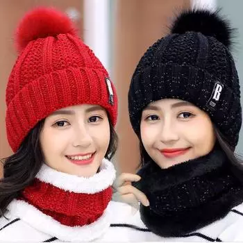 Women s Korean Style Thick Wool Hat & Scarf Set - Warm, Velvet-Lined for Autumn & Winter One Size