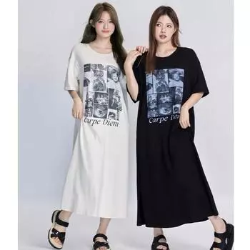 Women s Lazy Short-sleeved Dress Summer Dress Mid-length Over The Knee T-shirt Dress Summer Dress M белый