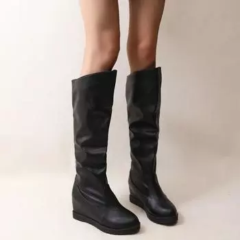 Women s Leather PU Knee High Boots Fashion Folding Slip on Winter High Boot Casual Low Heels Black Long Slim Bota Ladies Zapatos 35 чёрный