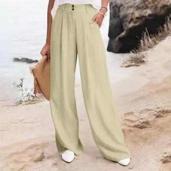 Women s Linen Pants Casual Loose Wide Leg Pants Women s Elastic Waist Wide Leg Pants With Pockets Trousers XL бежевый
