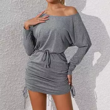 Women s Long Sleeve Bat Sleeve Solid Colour Autumn Dresses Chic Comfortable and Versatile Temperament Elegant Casual Women s Clothing S серый