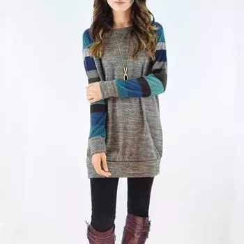Women s Loose Striped Shoulder Length Long Sleeved Color Blocked Round Neck Loose Top M синий