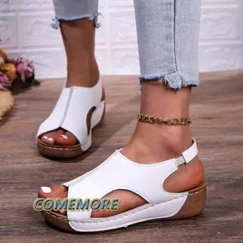 Women s Med Heel Platform Sandals 2024 New Summer Peep Toe Casual Shoes Woman Pu Leather Wedges Roman Fish Mouth Sandalias Mujer 36 чёрный