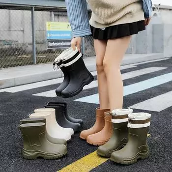 Women s medium rain boots fashion waterproof and non-slip rubber shoes fleece rain shoes adult water shoes water boots 36 чёрный