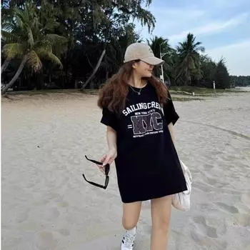 Women s mid-length short-sleeved dress summer loose casual printed loose dress M белый