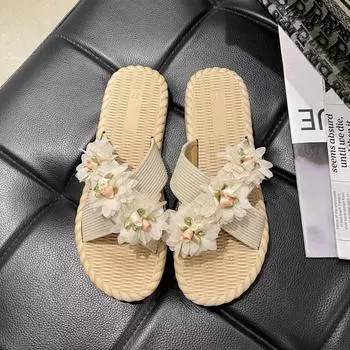 Women s Outdoor Flat Slippers 2024 Summer Bohemia Style Lace Flower Cross Strap Slides For Women Vacation Beach Shoes Sandalias 35 бежевый