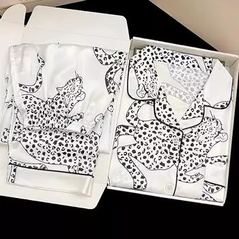 Women s Pajamas Set Spring Summer 2 Piece Leopard Print Pyjama Faux Silk Satin Sleepwear Short Sleeve Pijama Homewear XL