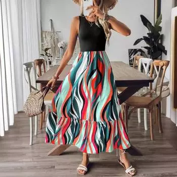 Women s Patchwork Striped Print Wavy Edge Long Crew Neck Sleeveless Dress S чёрный